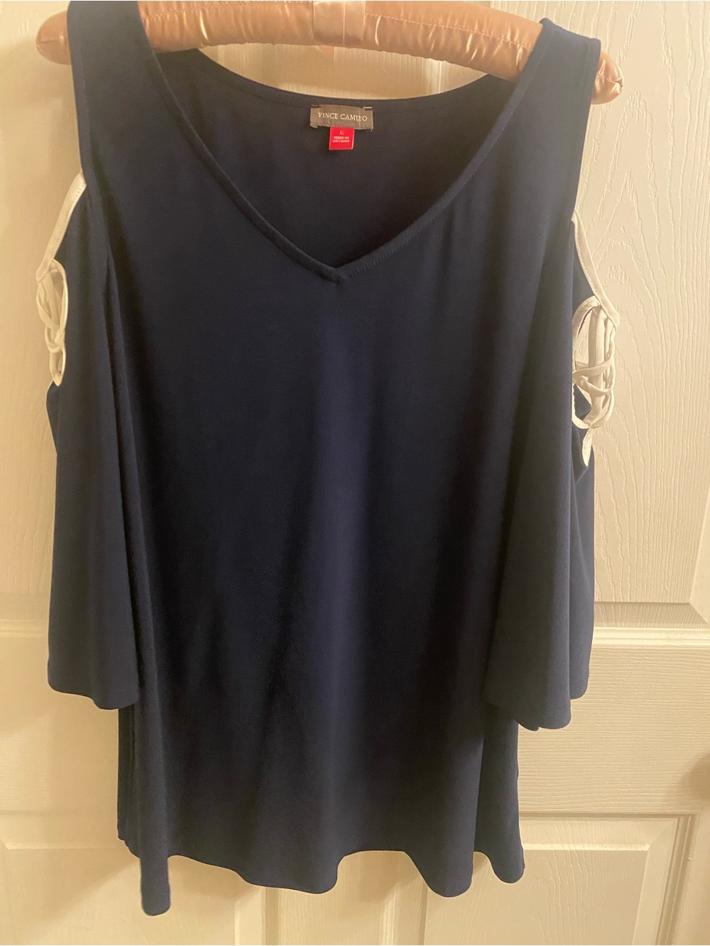 Vince Camuto Navy Cold-Shoulder V-Neck Tunic with crochet like on the sleeves